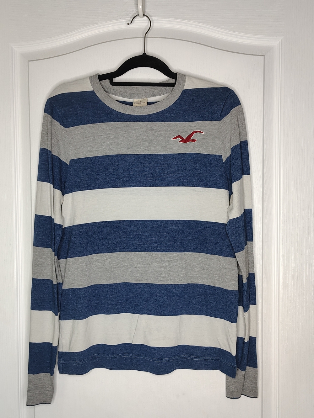 Hollister Striped Long-Sleeve Tee in Blue, Gray & White with Red Logo